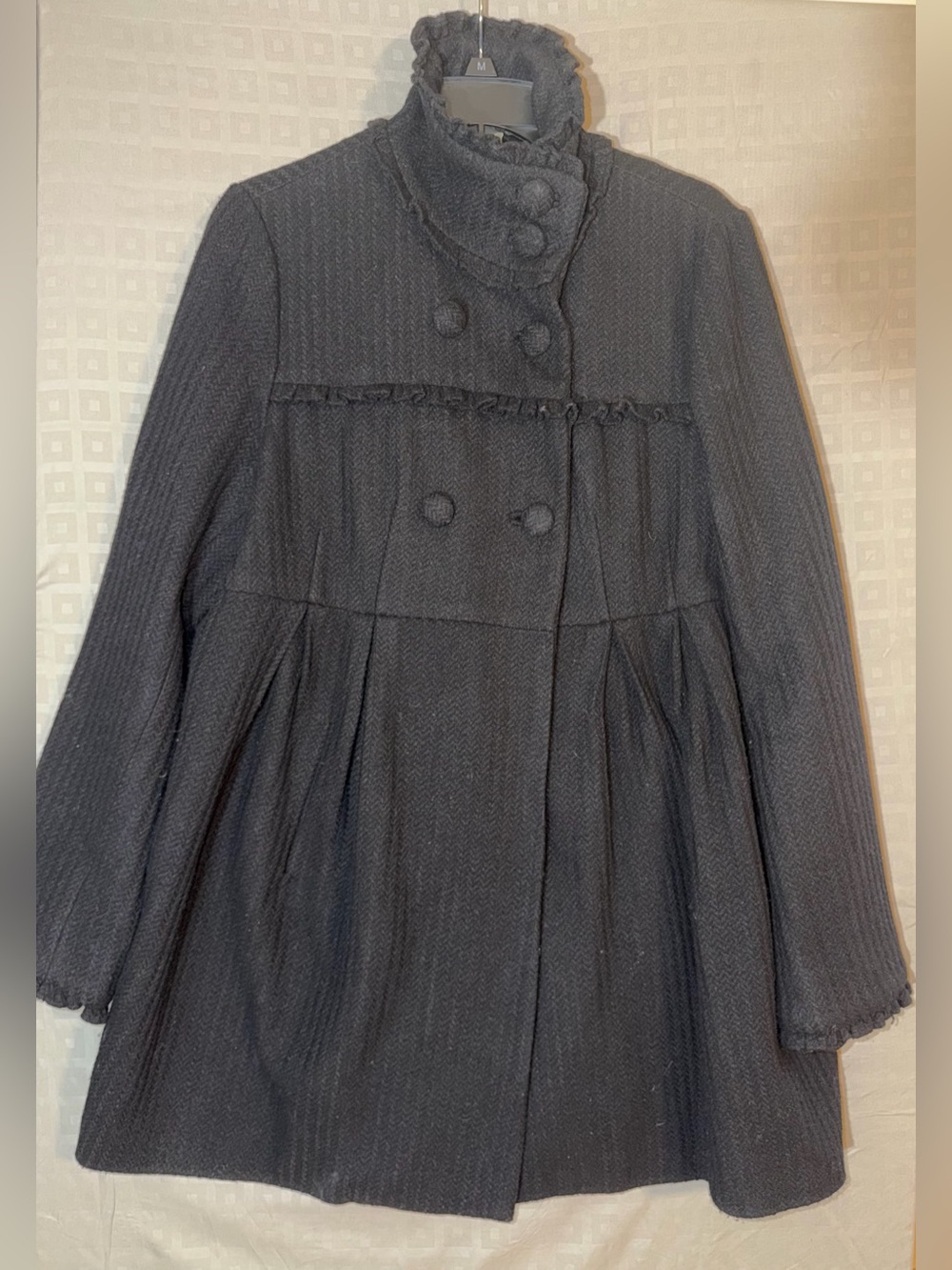 Steve Madden Wool Ruffle Funnel Neck Swing Peacoat Black  XL Victorian Retro
